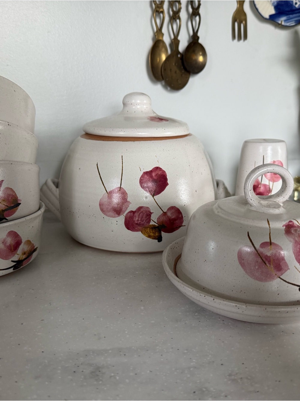 Hand-Painted Pottery Soup and Cheese Terrine Set with Pink Floral Motif